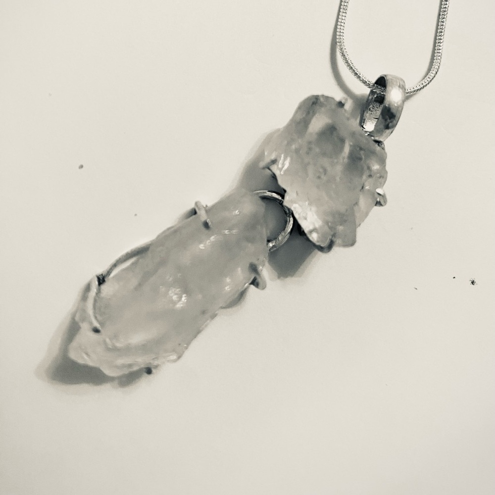 2 stone, 2 inch, Crystal Quartz pendant on a silver chain.